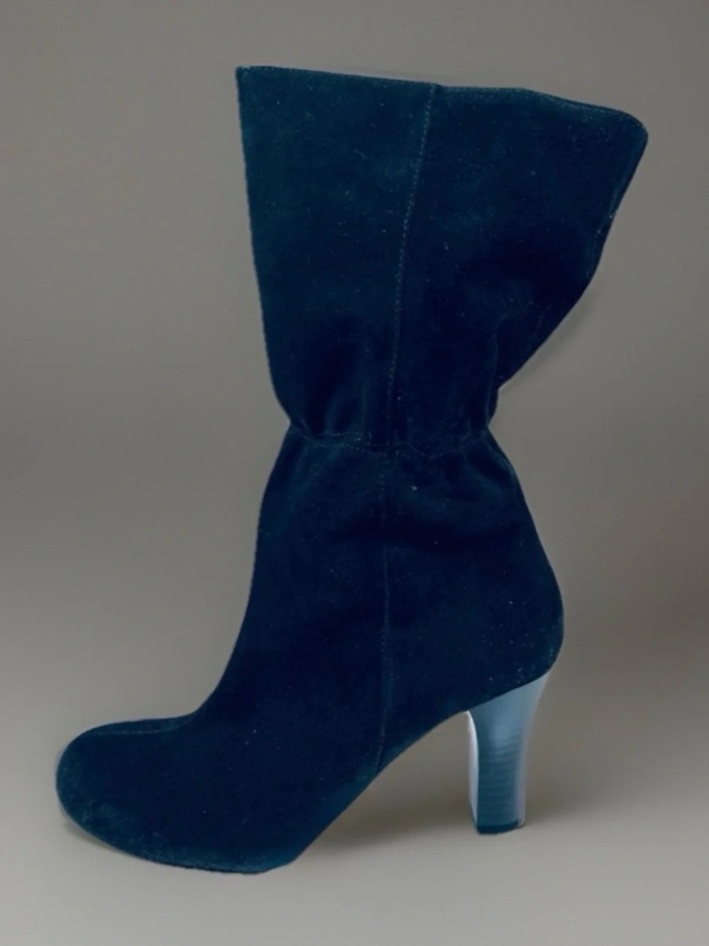 VINTAGE Rocker CHIC sz 7M Black Suede Leather Gathered High Heeled Boots